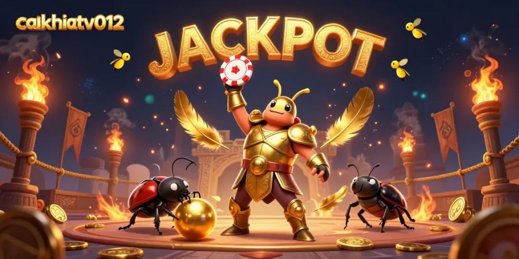 Cakhiatv012's winning scene featuring a hercules beetle with a poker chip, dung beetle, and fireflies spelling JACKPOT in a vibrant casino.