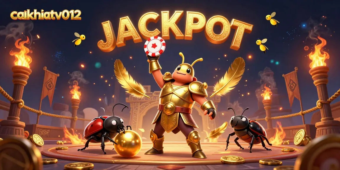 Cakhiatv012's winning scene featuring a hercules beetle with a poker chip, dung beetle, and fireflies spelling JACKPOT in a vibrant casino.
