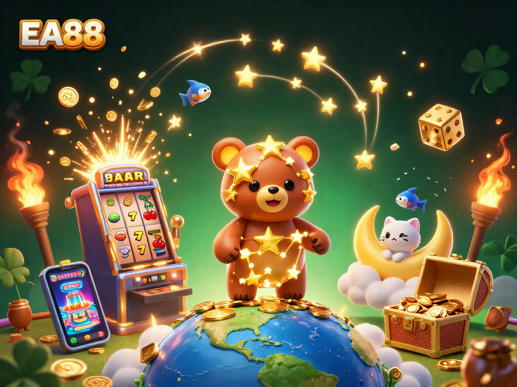 Experience excitement with EA88's colorful casino games and golden rewards in a vibrant 3D scene.