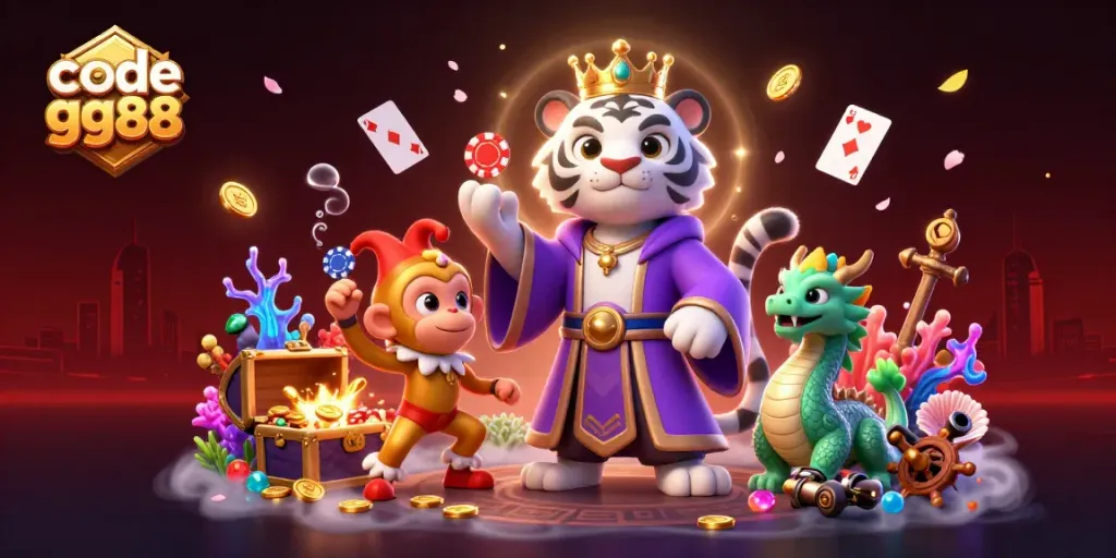 Engage in the thrilling world of code gg88 with vibrant casino elements and lively characters.