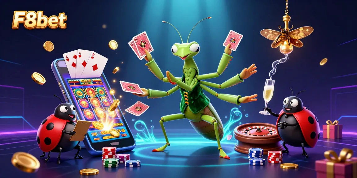 Experience excitement with F8bet as the entertaining mantis dealer and ladybug pit boss create a thrilling casino scene.