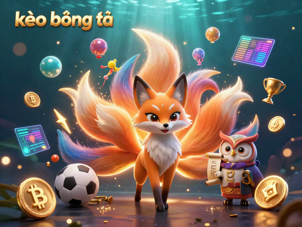 Exciting sports betting scene with glowing kèo bóng đá elements, a fox spirit, and an owl sage.