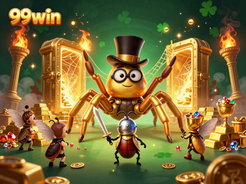 Engage in exciting gameplay at 99win, featuring a vibrant scene with a golden tarantula and treasures.