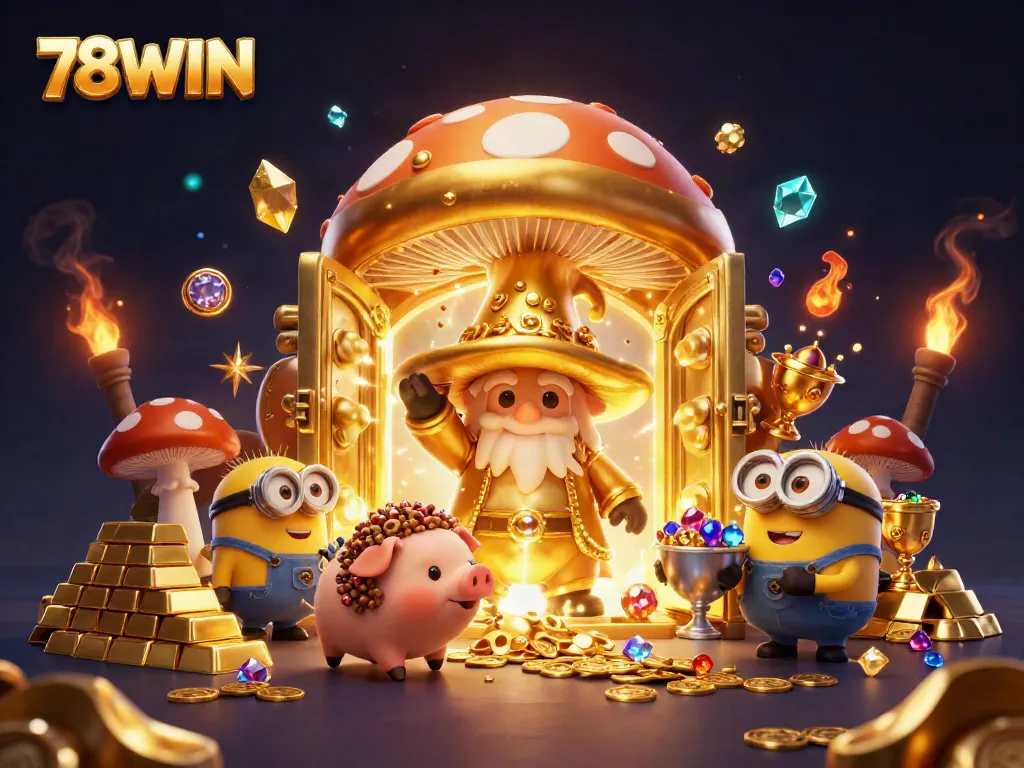 Engage with the enchanting world of 78WIN as the golden wizard conjures treasures in this vibrant casino illustration.