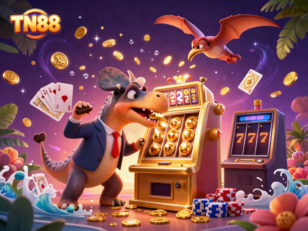 Experience the thrill of TN88 with a pachycephalosaurus winning jackpots amid cascading coins and vibrant casino elements.