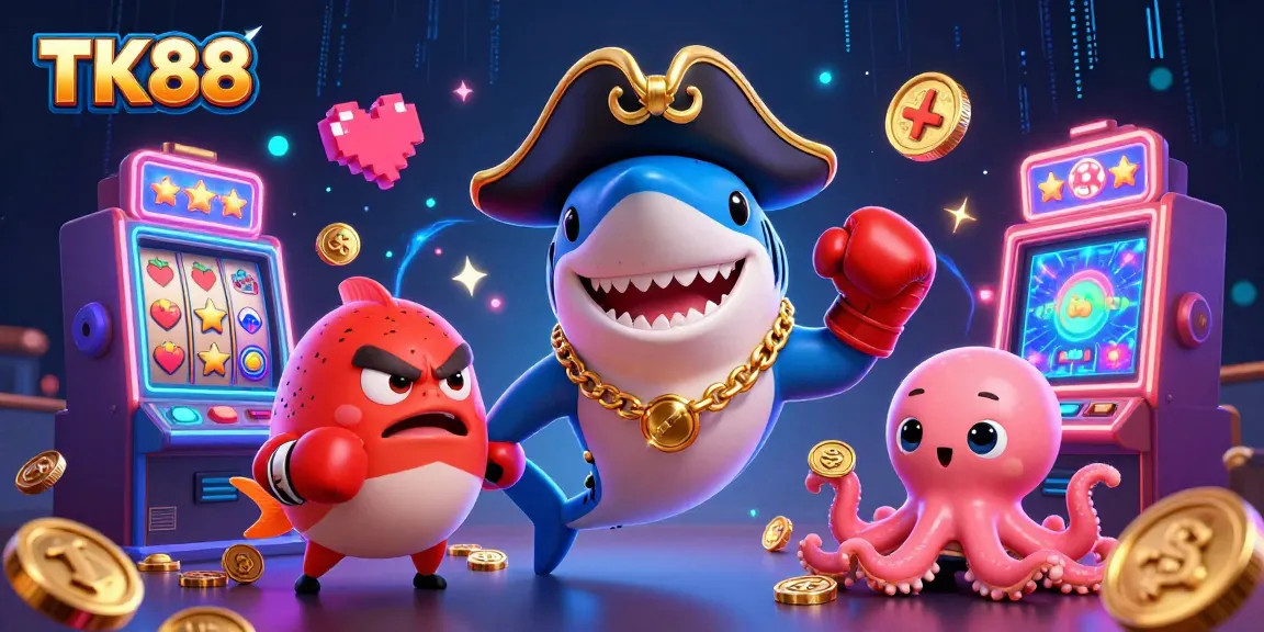 Engage with the TK88 casino experience featuring colorful slot machines and playful characters.
