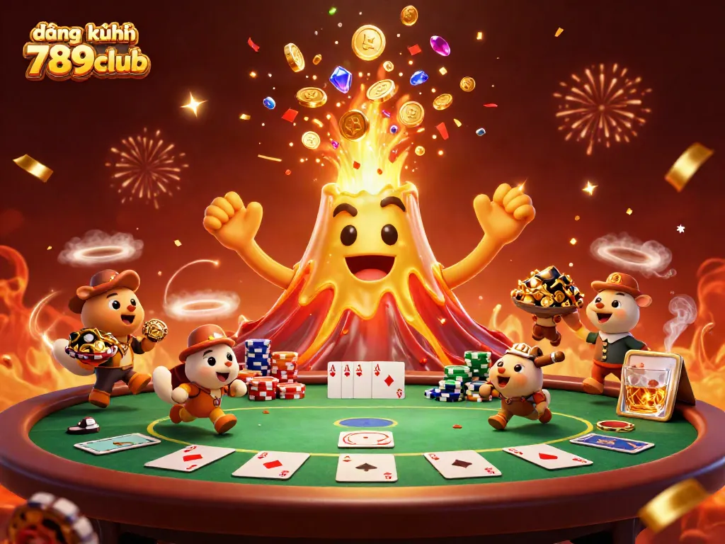 Experience the thrill of đăng ký 789club with an erupting volcano of treasures in this vibrant illustration.