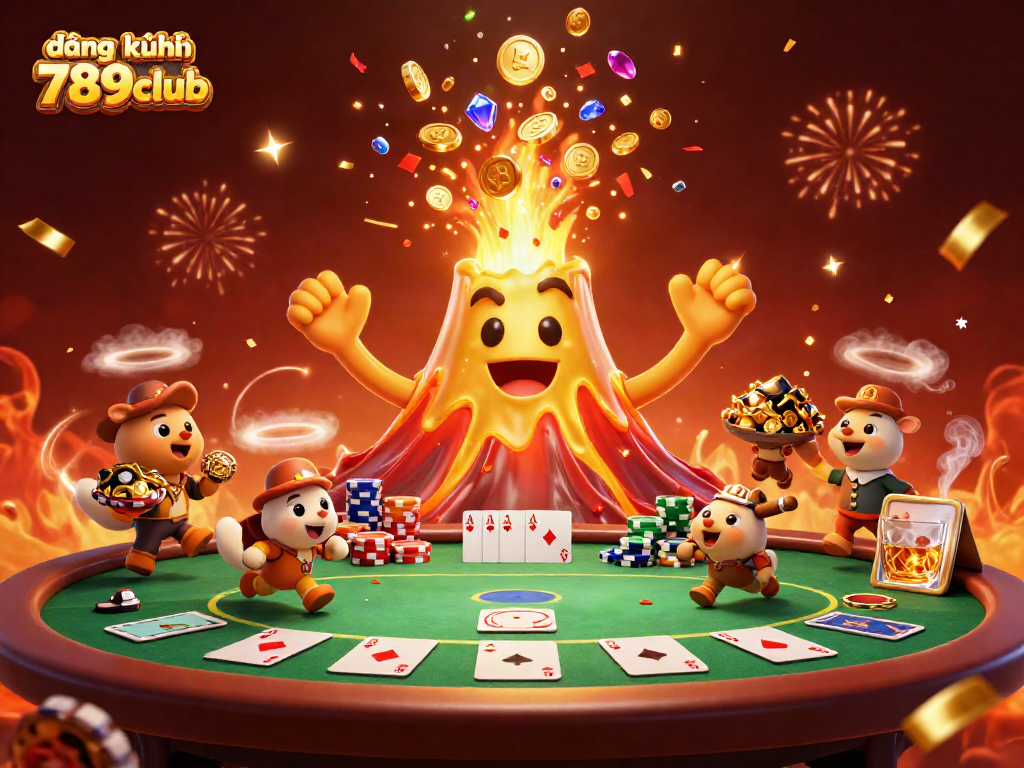 Experience the thrill of đăng ký 789club with an erupting volcano of treasures in this vibrant illustration.