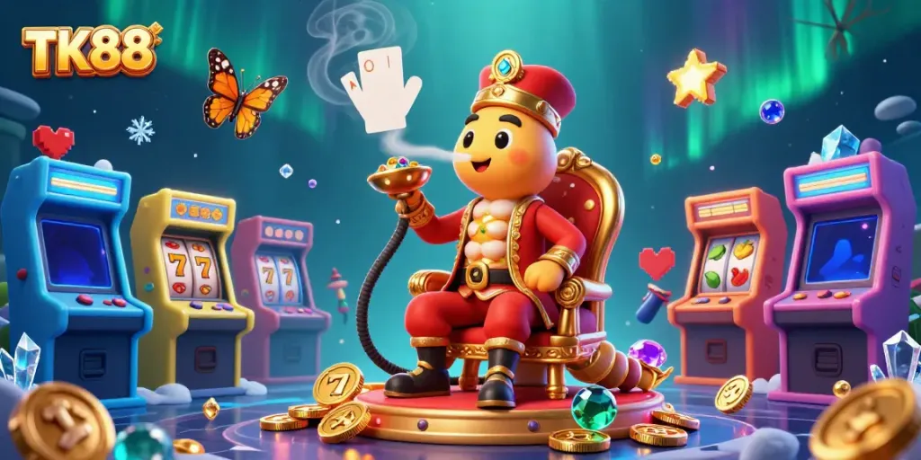 Experience thrilling slots at TK88 with a vibrant casino scene featuring a hookah-master in a magical setting.