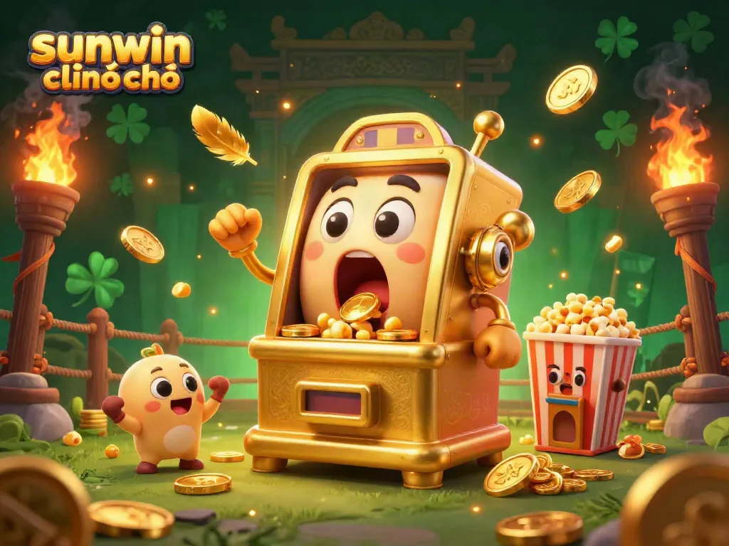 Experience the excitement of sunwin chính chủ as a golden slot machine hits the jackpot, surrounded by cheering baby machines and coins.