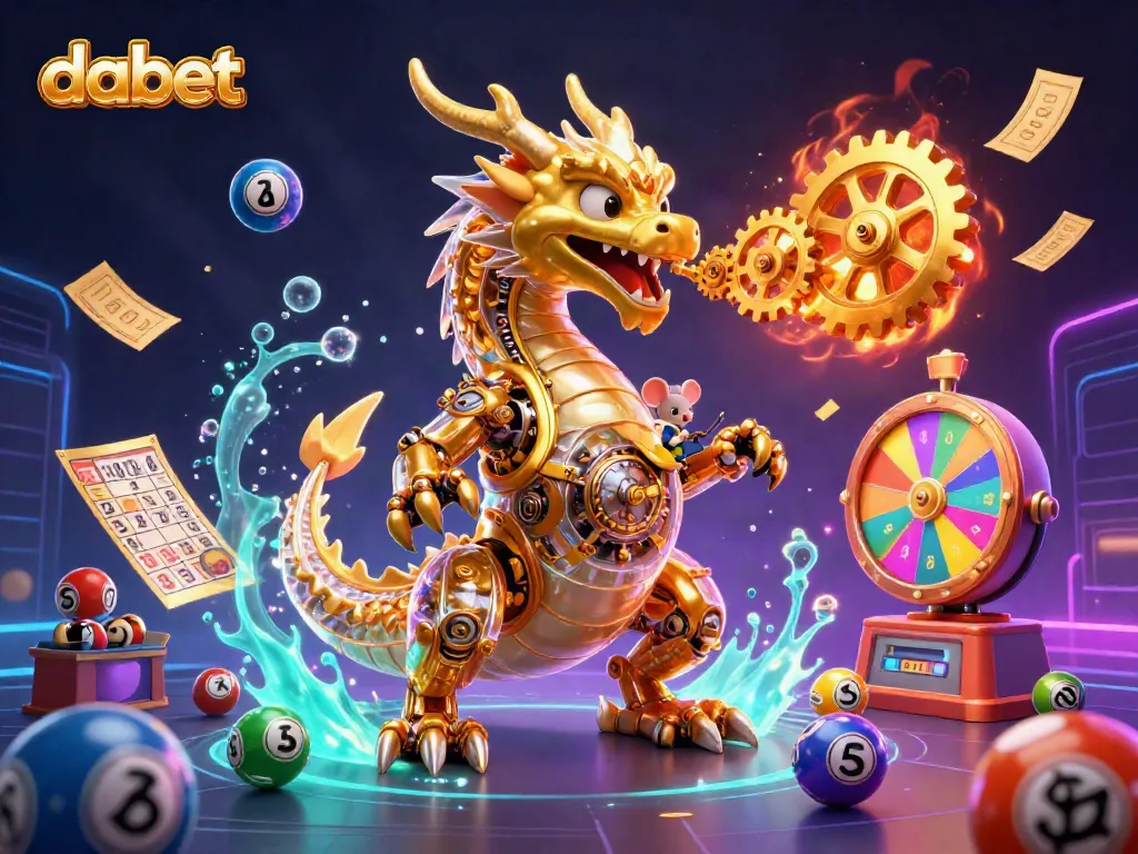 Dabet offers vibrant golden dragon scene filled with lottery elements for casino excitement.