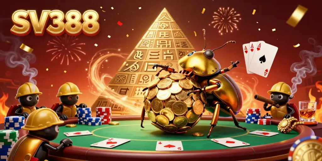 Experience the excitement of SV388 with golden beetles, casino elements, and celebratory effects.