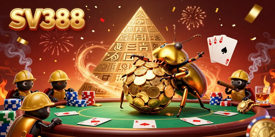 Experience the excitement of SV388 with golden beetles, casino elements, and celebratory effects.