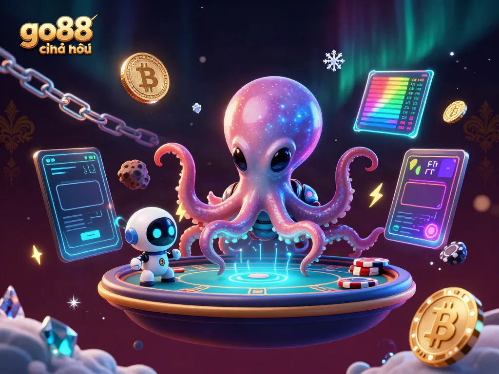 Join the action at go88 chính thức with an exciting 3D alien octopus poker scene featuring crypto elements.