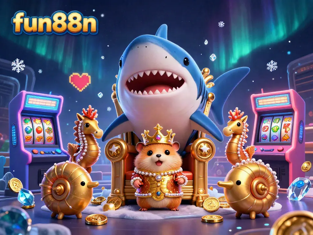 Engage with fun88n's vibrant online casino atmosphere featuring colorful game elements and a playful hamster king.