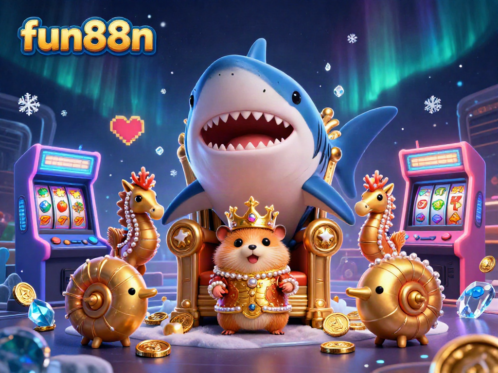 Engage with fun88n's vibrant online casino atmosphere featuring colorful game elements and a playful hamster king.