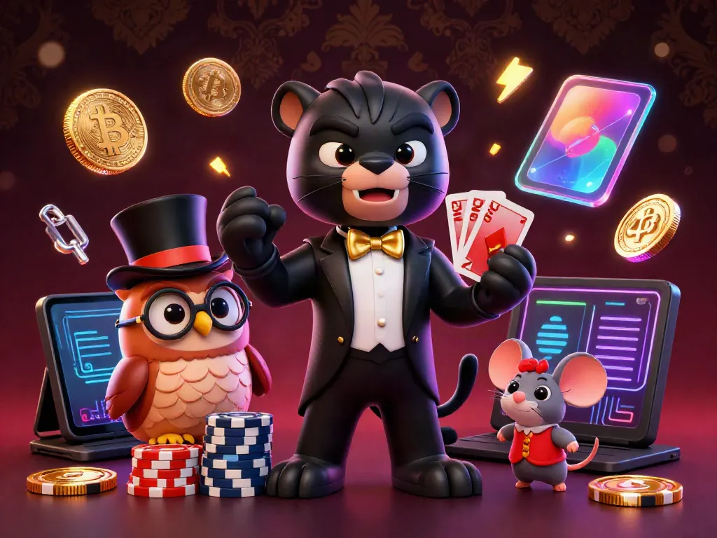 Engage with zowin strategy through a lively 3D casino scene featuring unique characters and crypto elements.