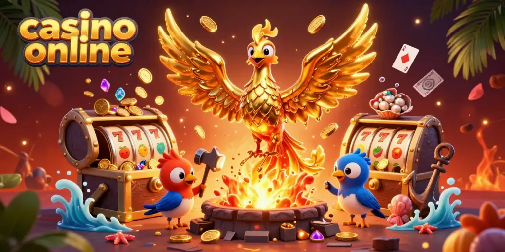 Engaging scene of a phoenix and sparrow assistants surrounded by vibrant casino elements, highlighting casino online.