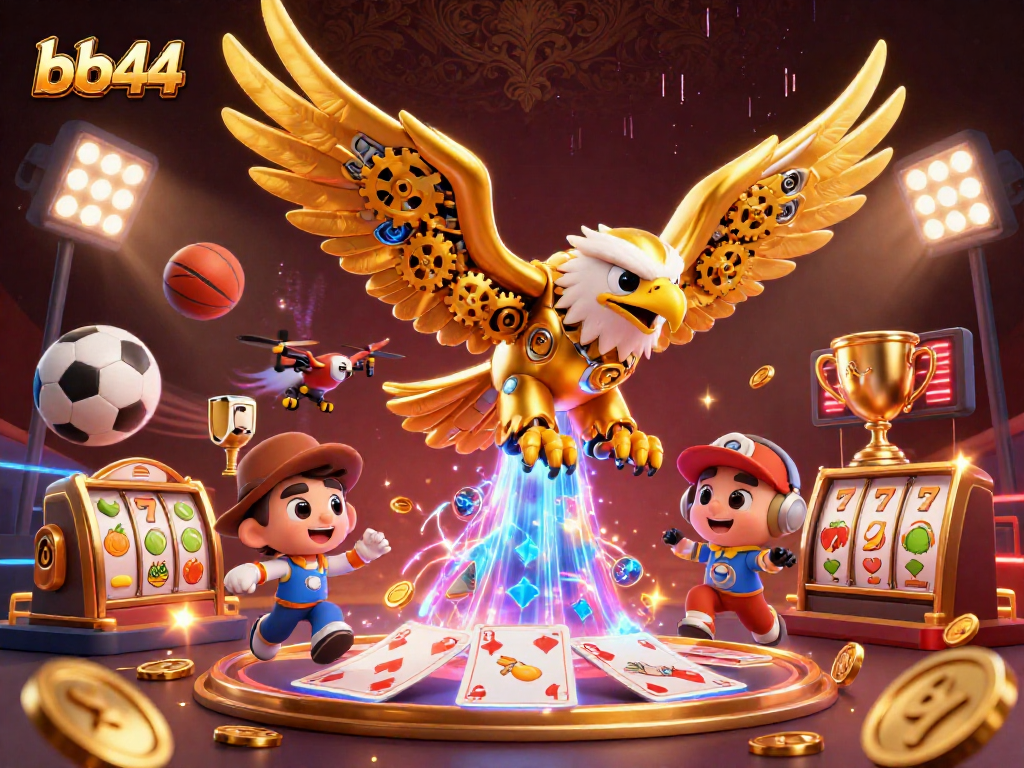 Experience thrilling gameplay at bb44 with a cybernetic eagle amidst sports balls and jackpot elements.