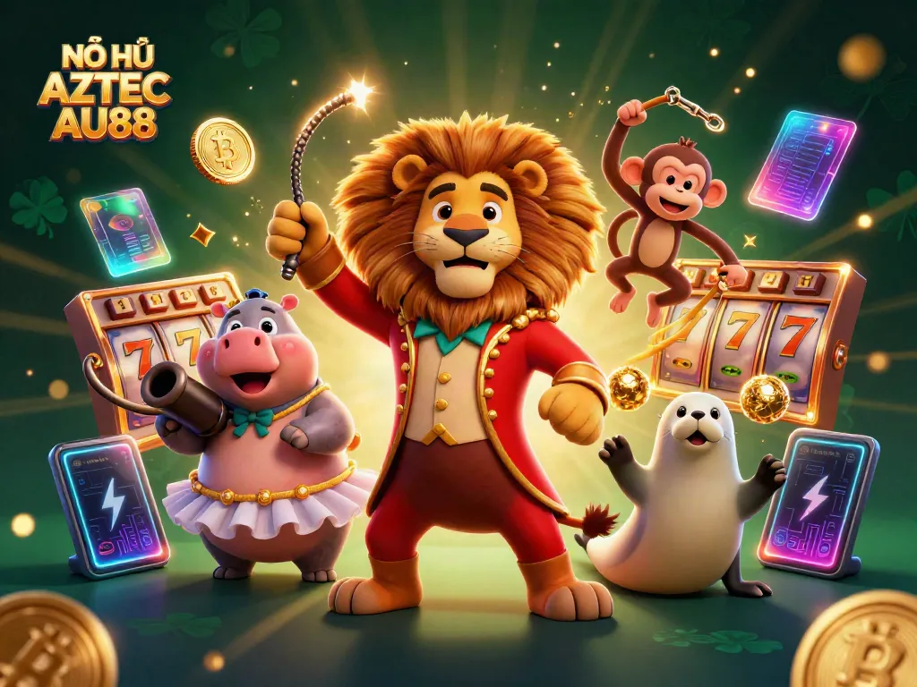 NỖ HŨ AZTEC AU88 showcases a vibrant 3D circus scene with characters celebrating jackpots.