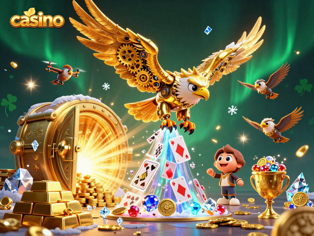 Experience the excitement of a casino with a golden eagle amidst treasures and holographic cards.