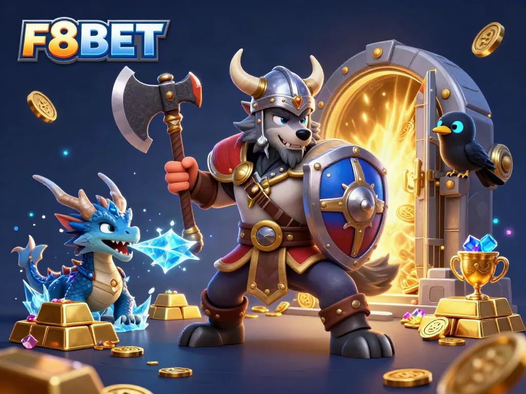 Engage with F8BET's thrilling casino experience featuring a Viking wolf warrior, dragon, treasures, and casino elements.