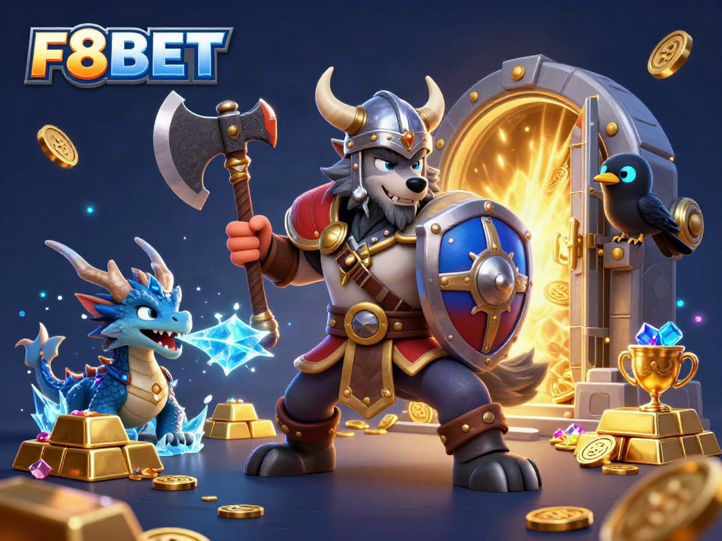 Engage with F8BET's thrilling casino experience featuring a Viking wolf warrior, dragon, treasures, and casino elements.