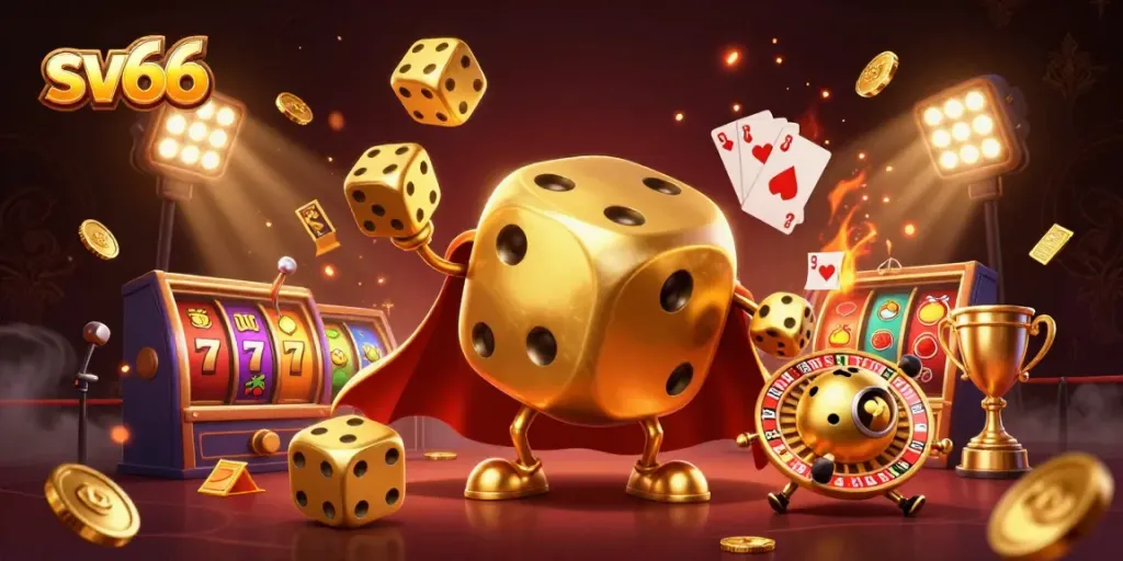 Experience the excitement of sv66 in a vibrant casino scene with dynamic golden dice and thrilling slot elements.