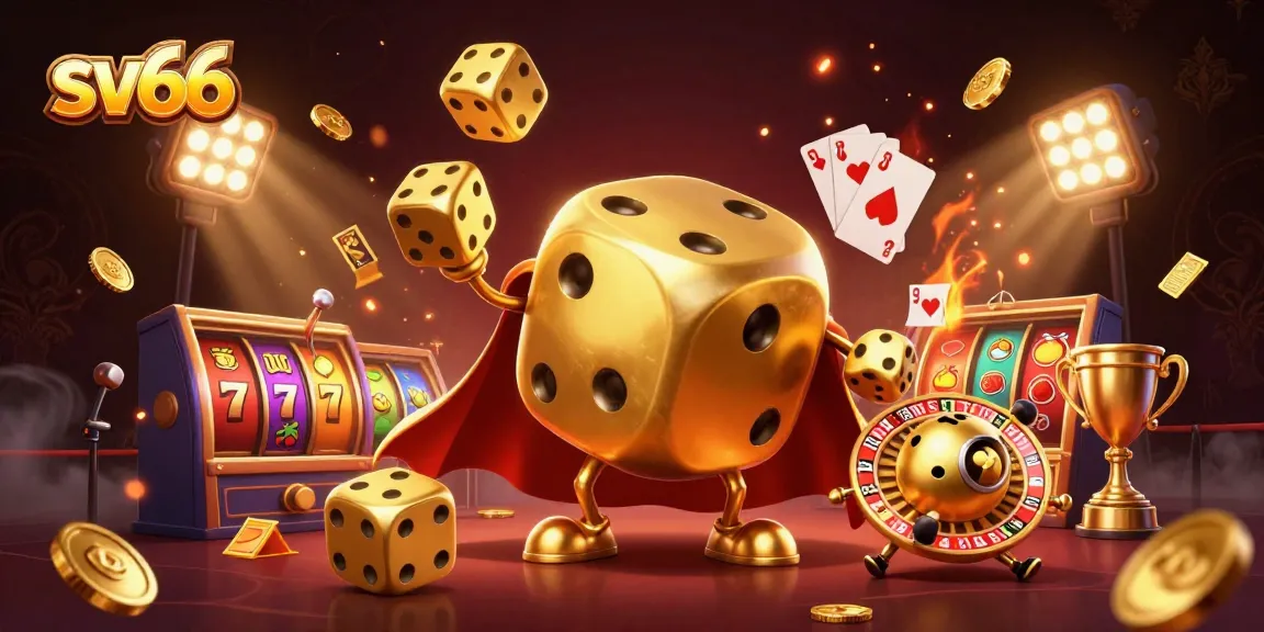 Experience the excitement of sv66 in a vibrant casino scene with dynamic golden dice and thrilling slot elements.