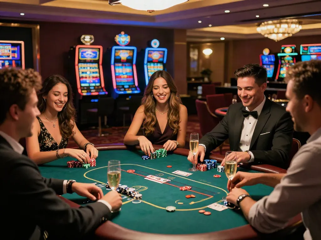 Friends celebrating at a lively casino, enjoying games at the best credit card casinos.