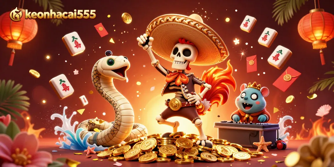 Experience the excitement of keonhacai555 with vibrant 3D characters celebrating amidst glowing casino elements.