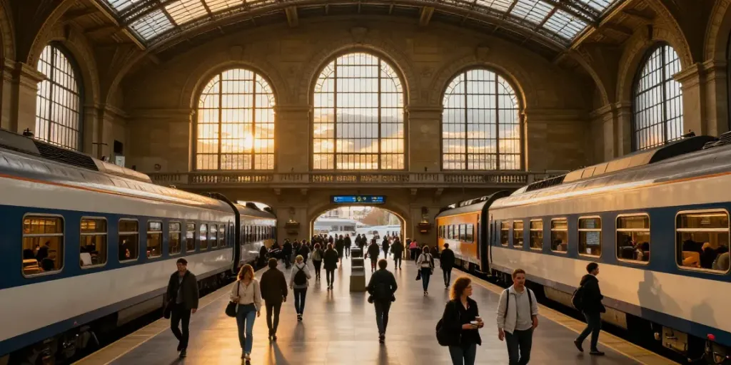 Refundable train tickets guide: vibrant European railway station with travelers.
