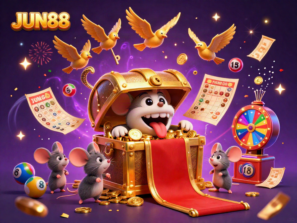 Experience the thrilling world of JUN88 casino with this vibrant 3D illustration showcasing its exciting games and opportunities.