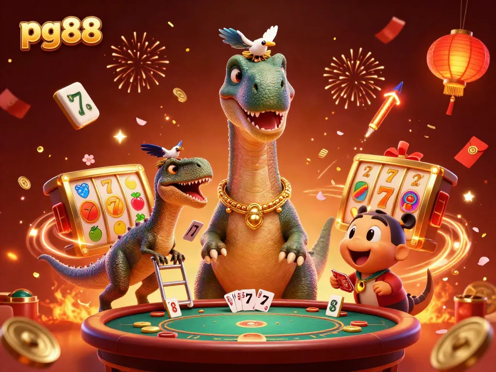 Engage in fun at pg88 with a playful dinosaur-themed casino illustration showcasing vibrant gambling elements.