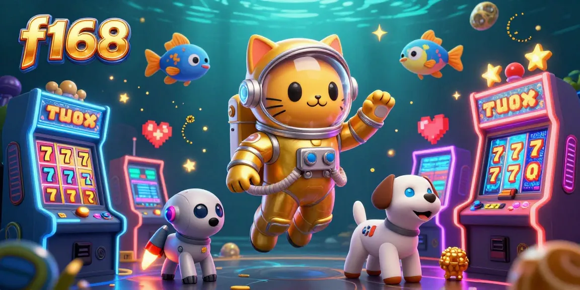 Experience dynamic casino fun with f168's lively astronaut cat and robot dog in a vibrant space!