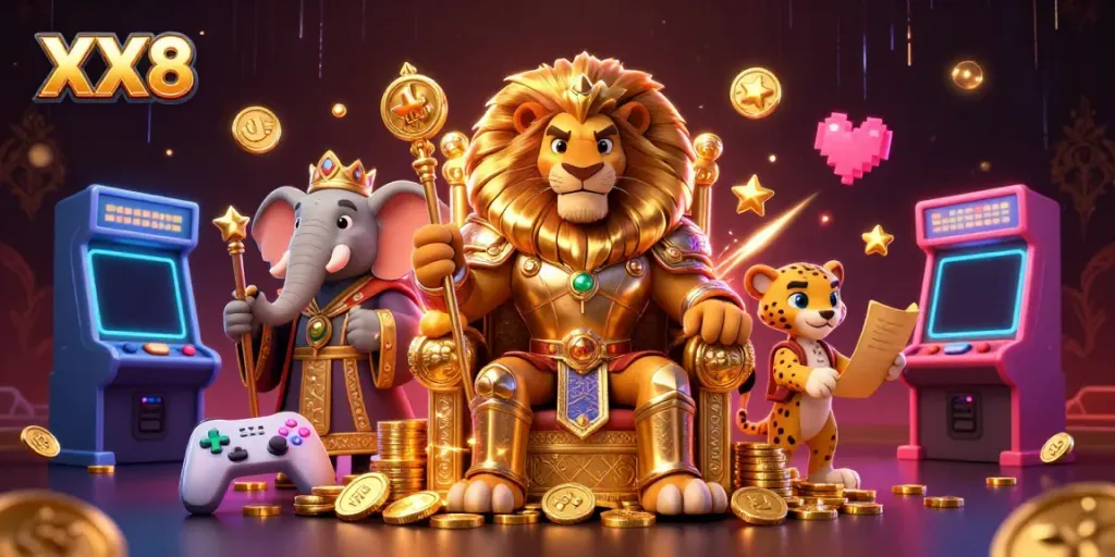 Experience excitement at XX8 with a vibrant casino scene of a fierce lion king and his entourage.