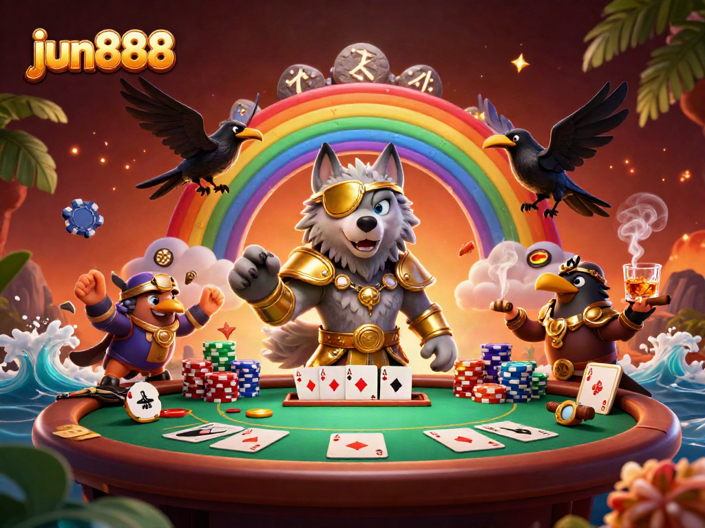 Engage in thrilling poker action at jun888 with a vibrant 3D Norse-themed casino scene.