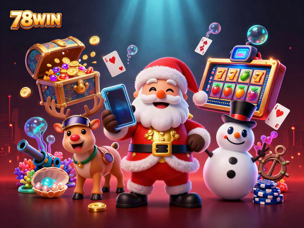 Experience 78WIN's exciting slots with Santa and friends in a vibrant casino environment.