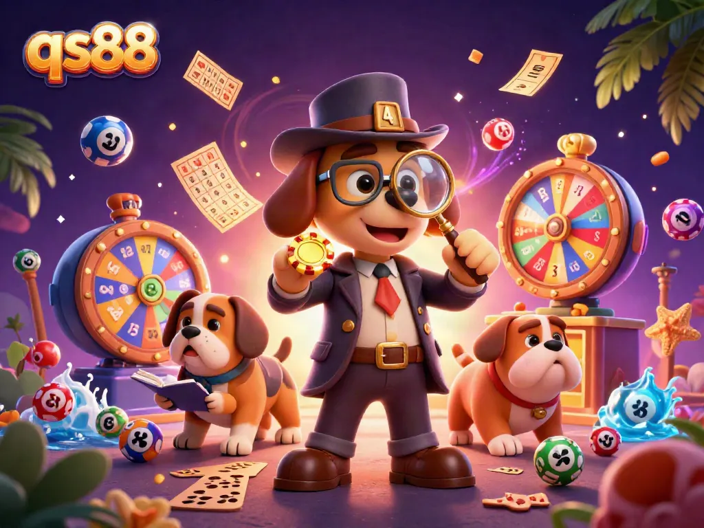 Spin the winning lottery balls with qs88 in a festive casino scene rich with excitement and treasures.