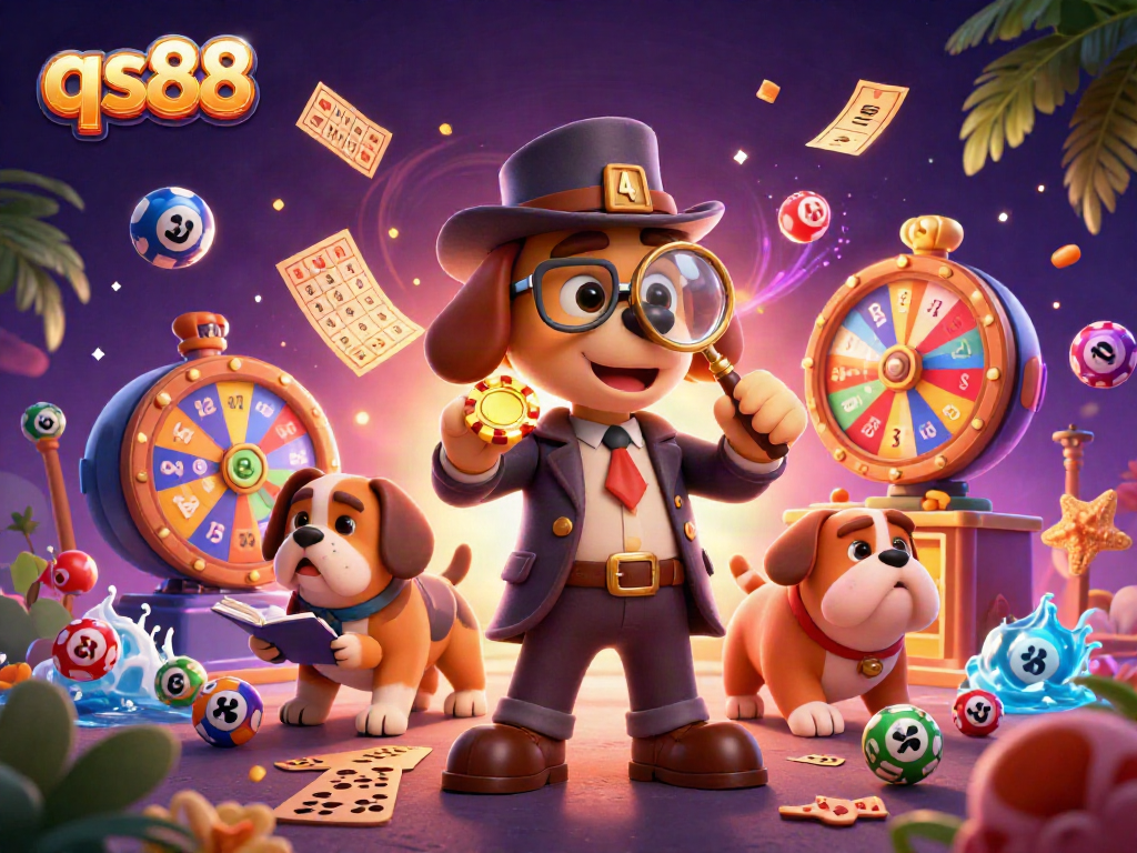 Spin the winning lottery balls with qs88 in a festive casino scene rich with excitement and treasures.