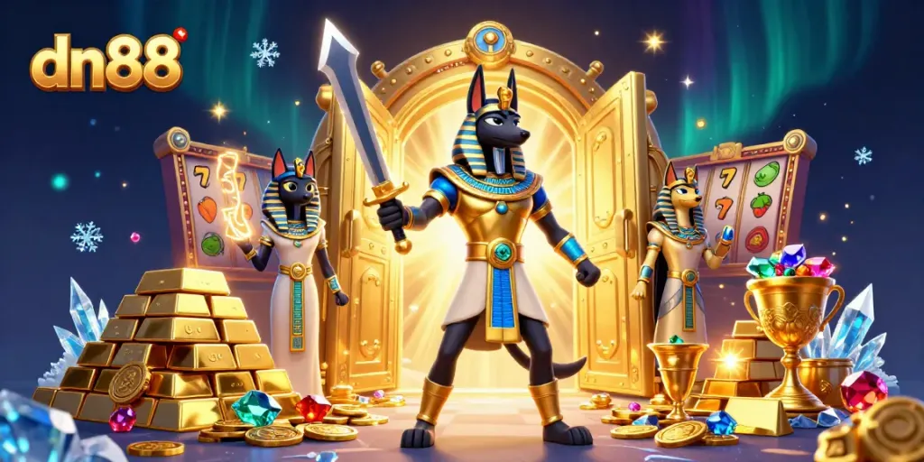 Experience exhilarating gaming with dn88's vibrant illustration of ancient Egyptian warriors and treasures.