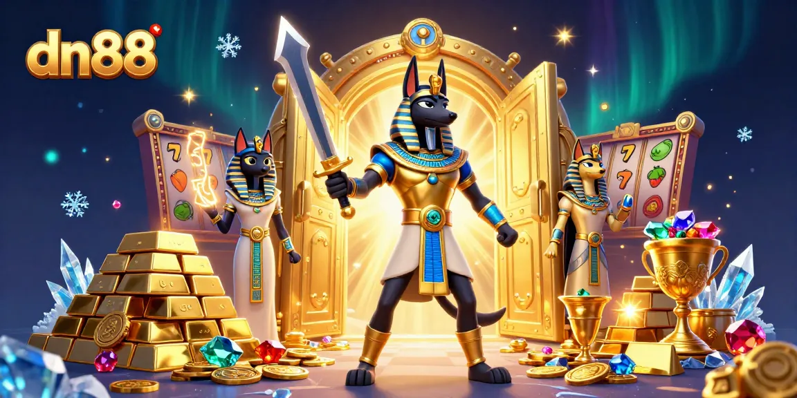 Experience exhilarating gaming with dn88's vibrant illustration of ancient Egyptian warriors and treasures.