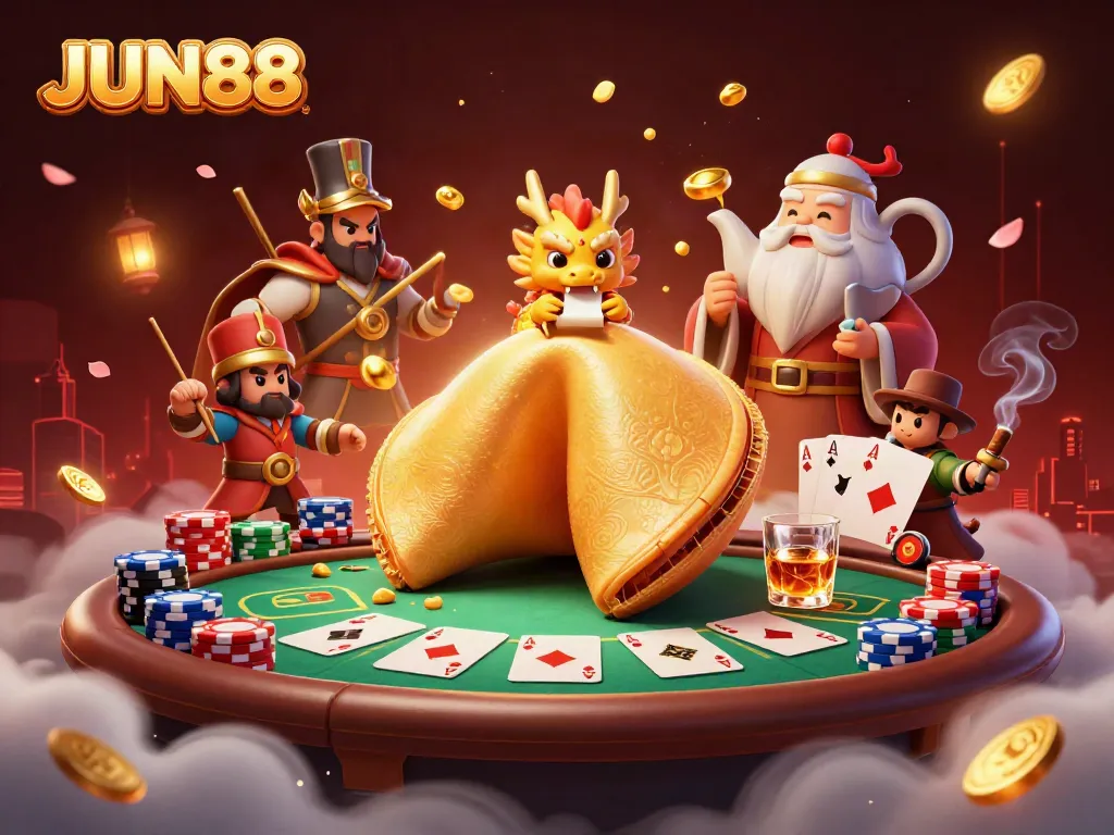 Experience the dynamic casino action at JUN88 with a lavish illustration featuring a golden fortune cookie and poker elements.