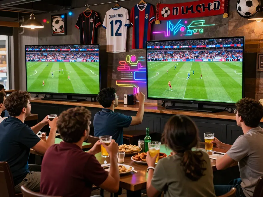 Excited fans enjoying an intense football match on xoilactv in a lively sports bar atmosphere.