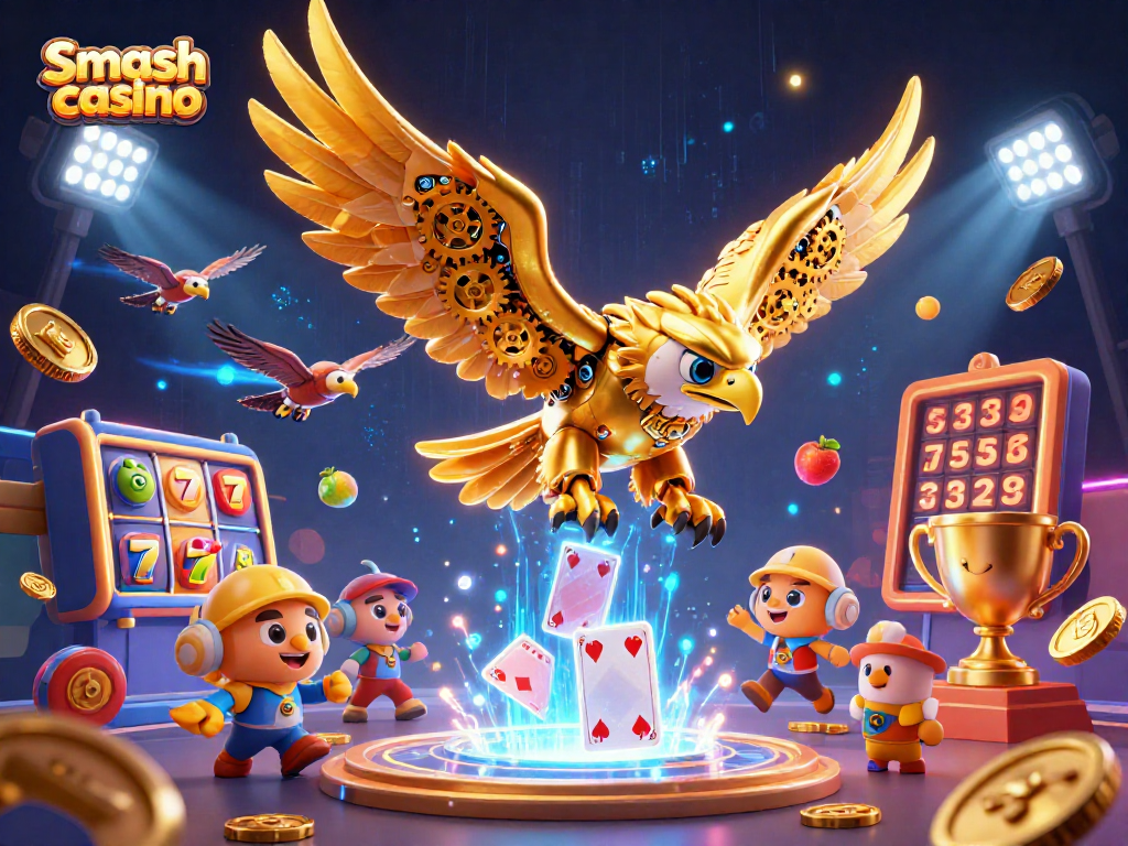Experience exciting gameplay at Smash casino with a dynamic 3D golden eagle and vibrant game elements.