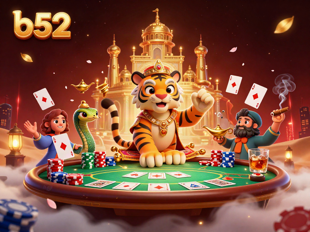 Experience the thrill of b52 gambling with a vibrant 3D scene featuring a tiger sultan and poker chips.