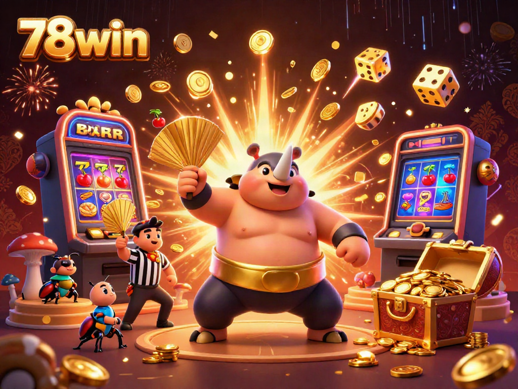Experience the excitement of 78win with a sumo beetle champion amidst a dramatic casino scene.