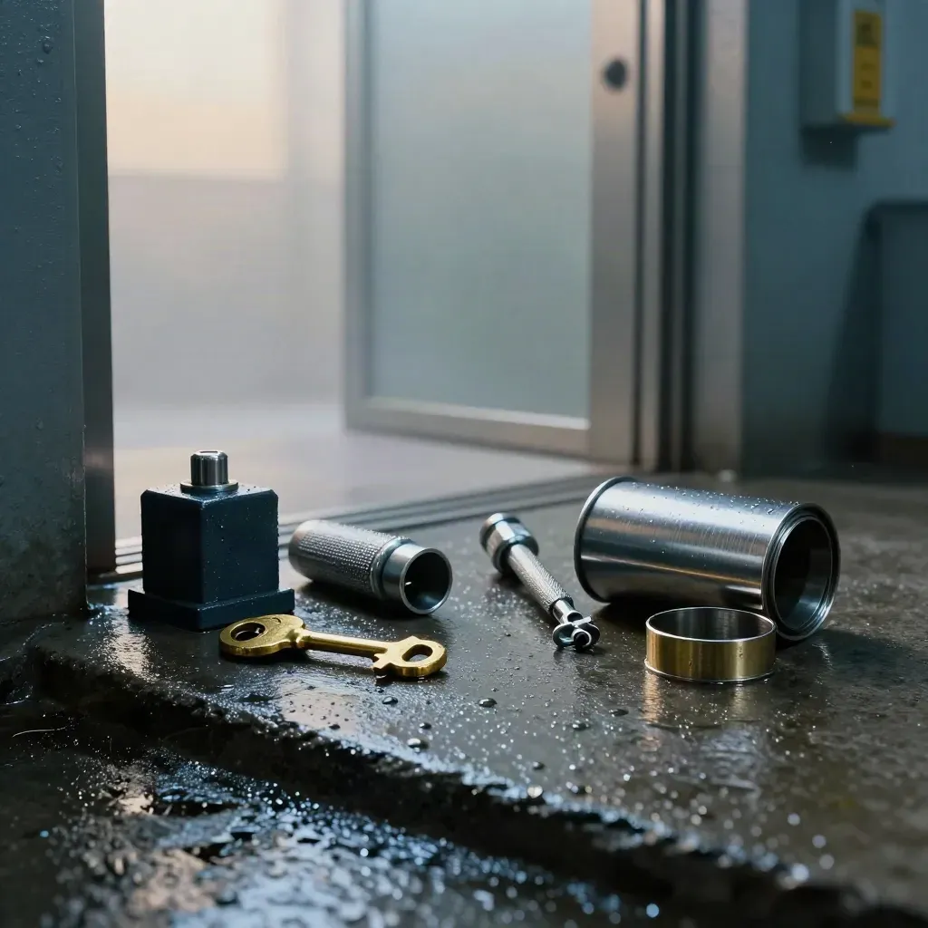 Brass lift keys, interlock block, torch and cable clamp on wet concrete outside a lift plant room.