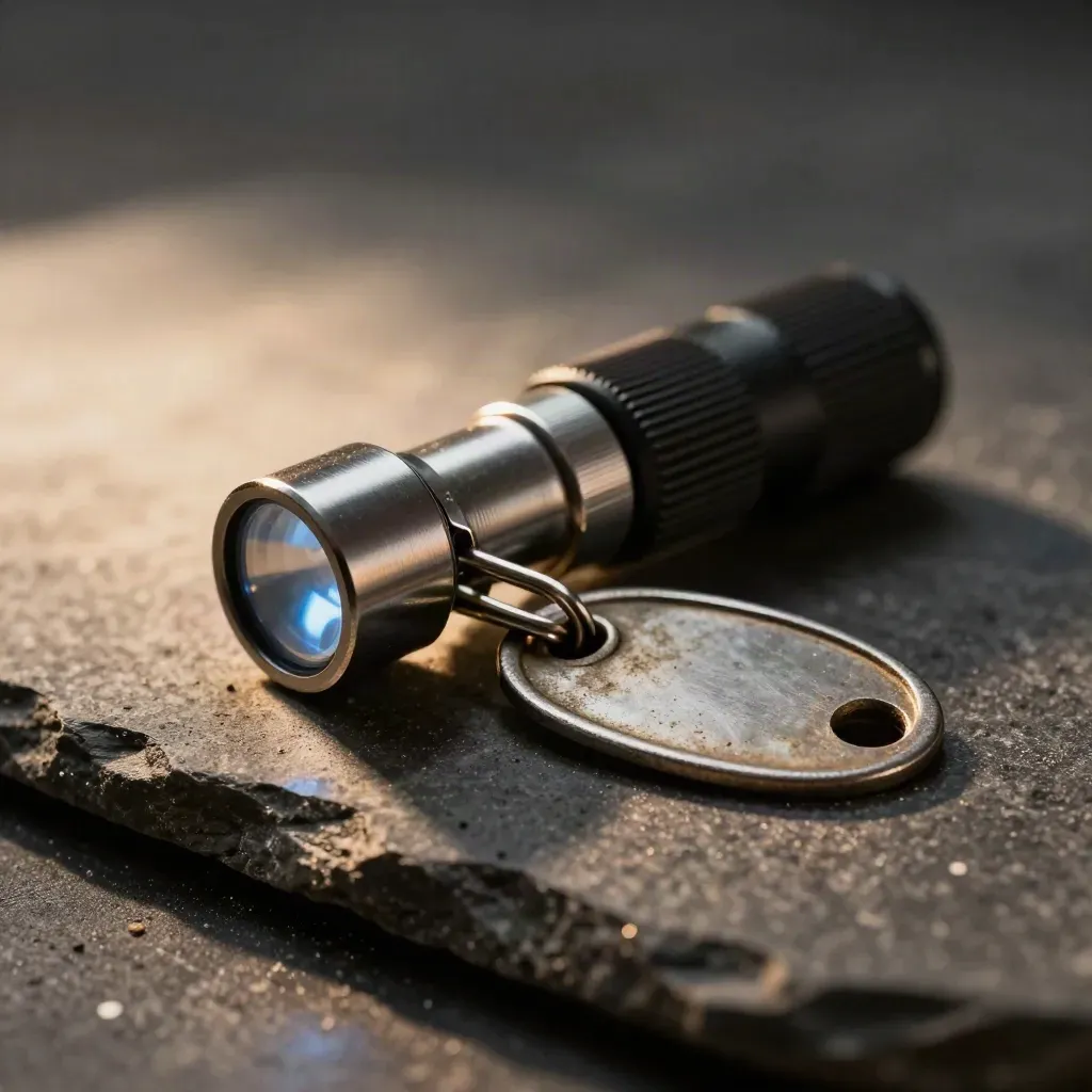 Macro still life of maintenance keys, inspection torch, and worn metal tag on dark stone.