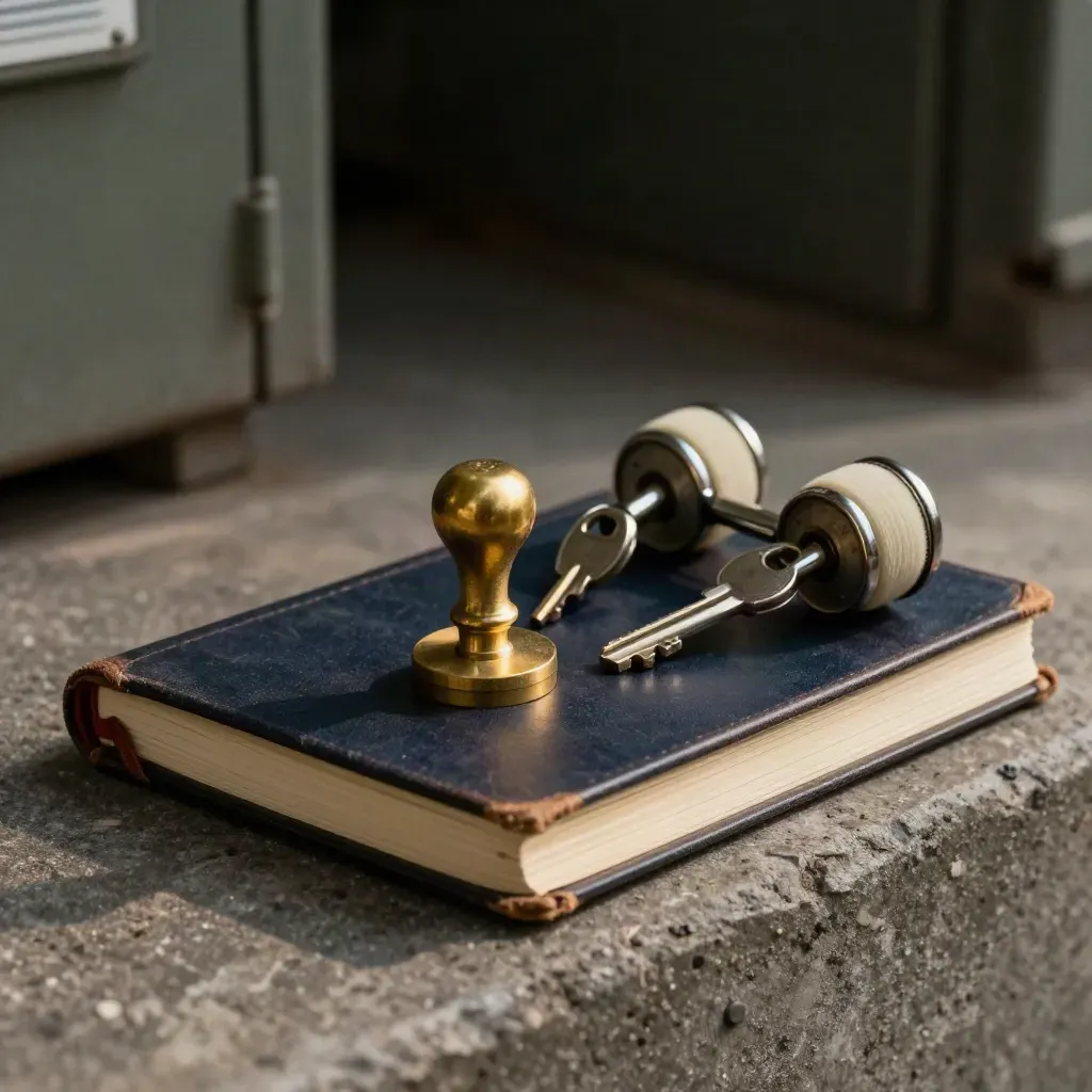 Closed site logbook, brass stamp and latch rollers on charcoal concrete under dramatic workshop light.